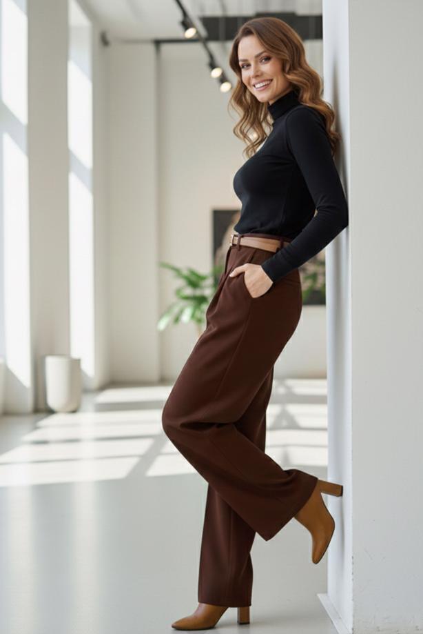 Tesettür giyim KAHVE KEMERLİ PALAZZO PANTOLON T 30051 - TRENDTESETTÜR