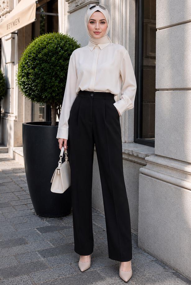 Vêtements hijab NOIR PANTALON CAROTTE TAILLE ÉLASTIQUE T 81181 - TRENDTESETTÜR
