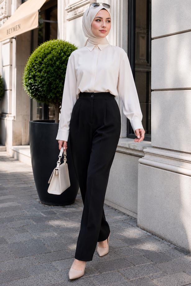 Vêtements hijab NOIR PANTALON CAROTTE TAILLE ÉLASTIQUE T 81181 - TRENDTESETTÜR