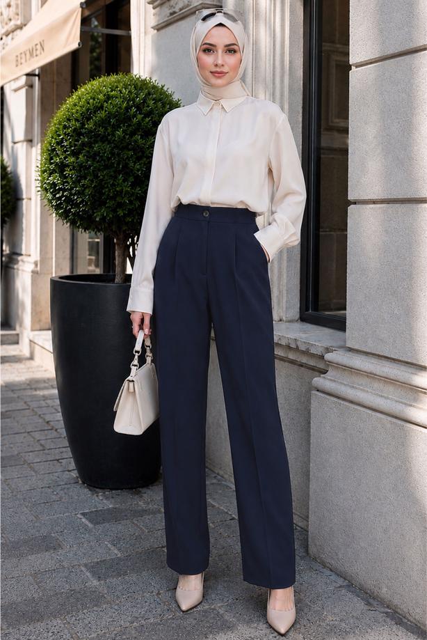 Vêtements hijab BLEU MARINE PANTALON CAROTTE TAILLE ÉLASTIQUE T 81181 - TRENDTESETTÜR