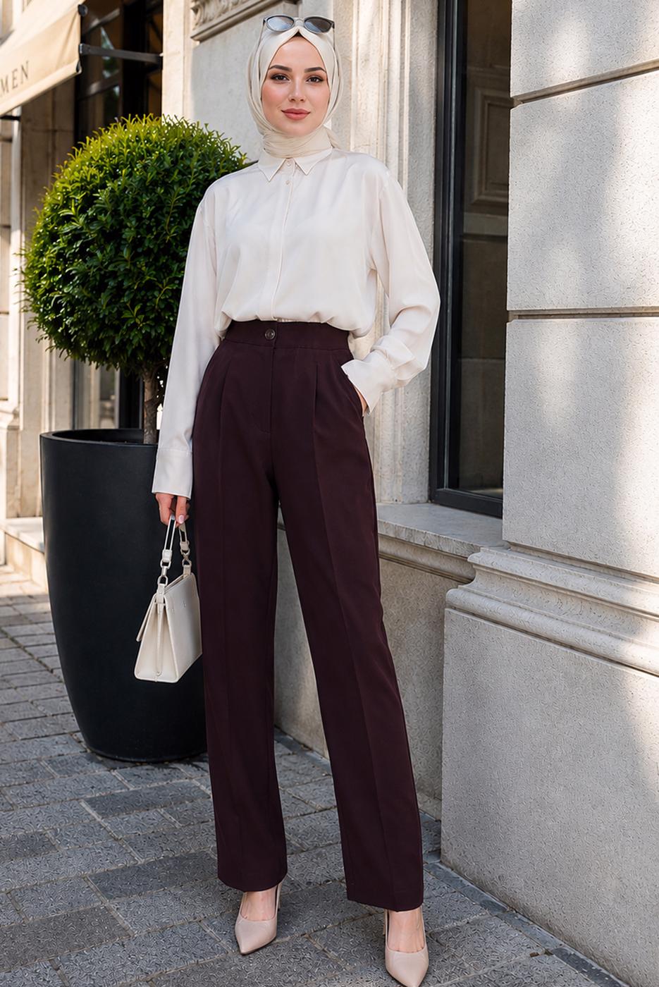 Vêtements hijab PRUNE PANTALON CAROTTE TAILLE ÉLASTIQUE T 81181