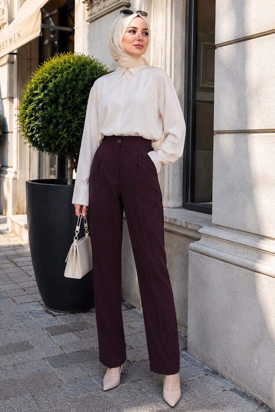 Vêtements hijab PRUNE PANTALON CAROTTE TAILLE ÉLASTIQUE T 81181