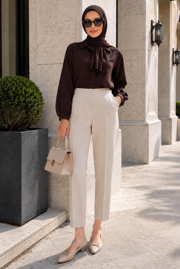 Vêtements hijab BEIGE PANTALON CAROTTE TAILLE ÉLASTIQUE T 81181 - TRENDTESETTÜR
