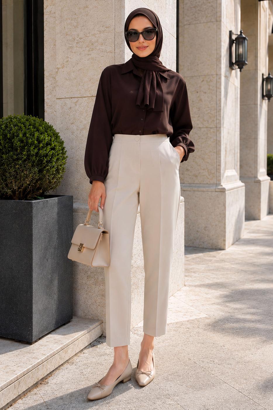 Vêtements hijab BEIGE PANTALON CAROTTE TAILLE ÉLASTIQUE T 81181