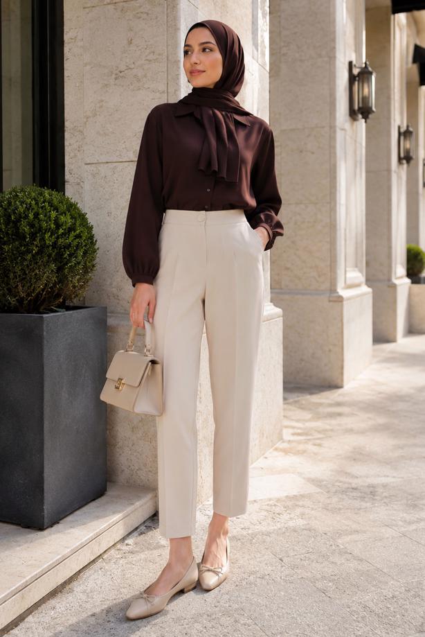 Vêtements hijab BEIGE PANTALON CAROTTE TAILLE ÉLASTIQUE T 81181 - TRENDTESETTÜR