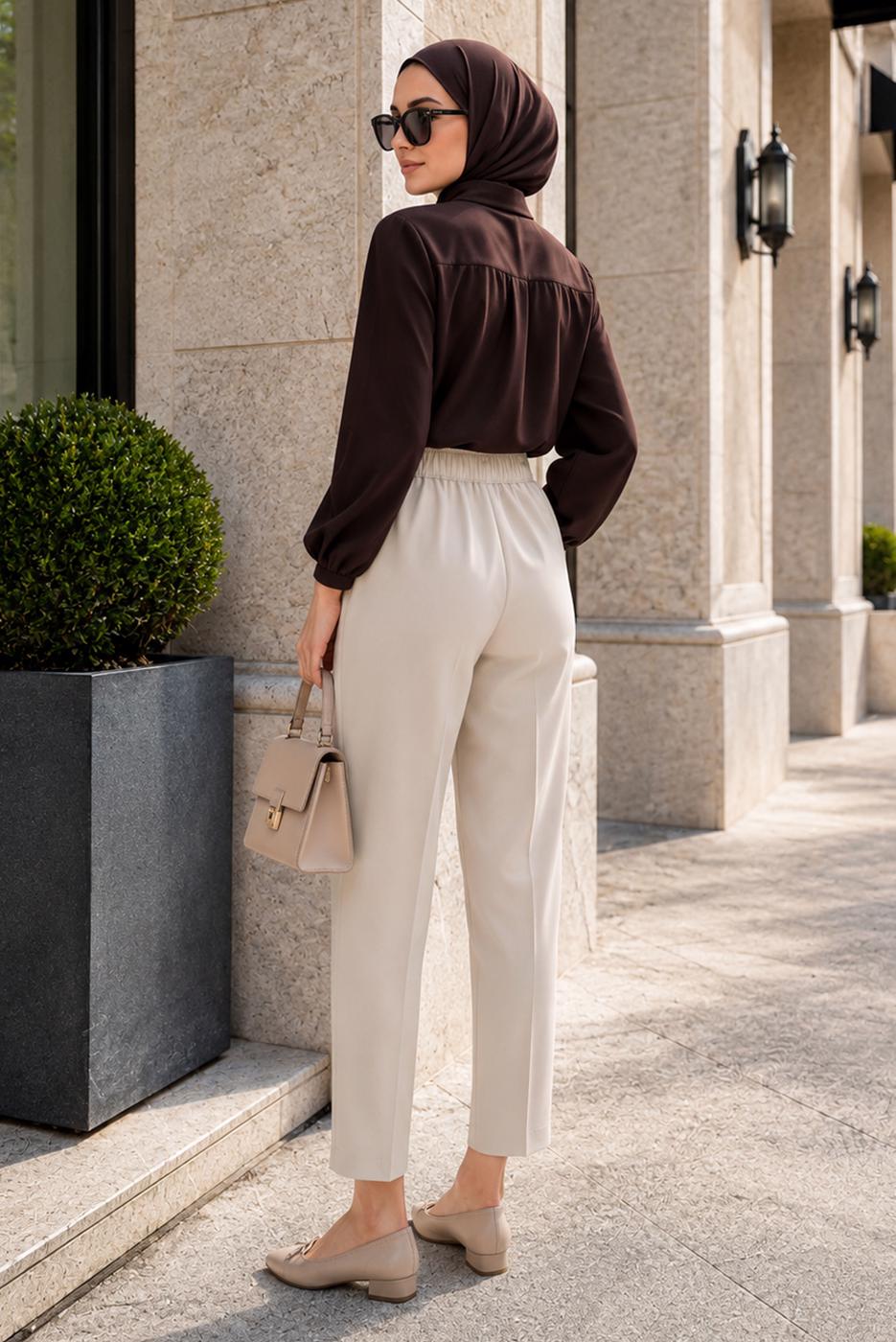 Vêtements hijab BEIGE PANTALON CAROTTE TAILLE ÉLASTIQUE T 81181
