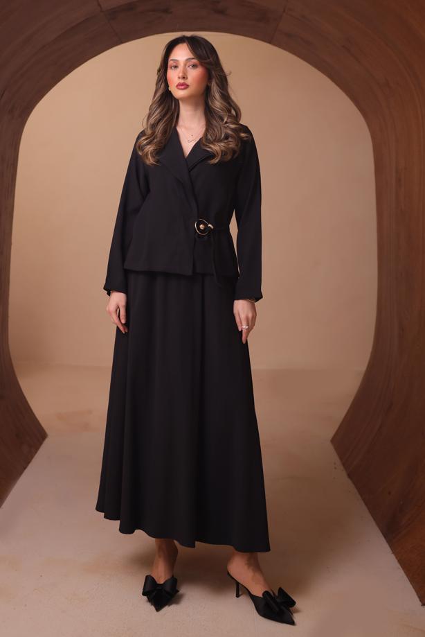 Tesettür giyim SİYAH DİYAGONEL KUMAŞ ETEKLİ TAKIM T 1562 - TRENDTESETTÜR