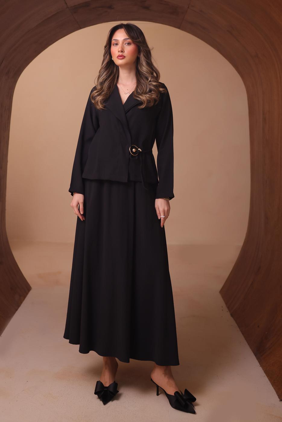 Tesettür giyim SİYAH DİYAGONEL KUMAŞ ETEKLİ TAKIM T 1562