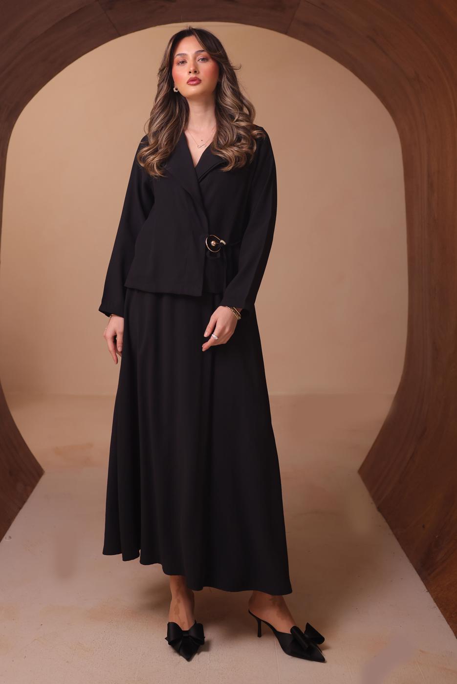 Tesettür giyim SİYAH DİYAGONEL KUMAŞ ETEKLİ TAKIM T 1562