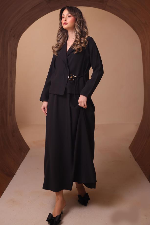 Tesettür giyim SİYAH DİYAGONEL KUMAŞ ETEKLİ TAKIM T 1562 - TRENDTESETTÜR