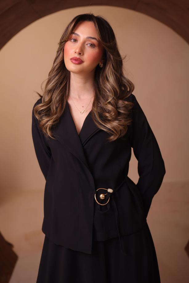 Tesettür giyim SİYAH DİYAGONEL KUMAŞ ETEKLİ TAKIM T 1562 - TRENDTESETTÜR