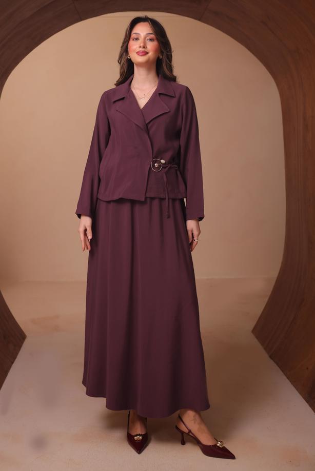 Tesettür giyim BORDO DİYAGONEL KUMAŞ ETEKLİ TAKIM T 1562 - TRENDTESETTÜR