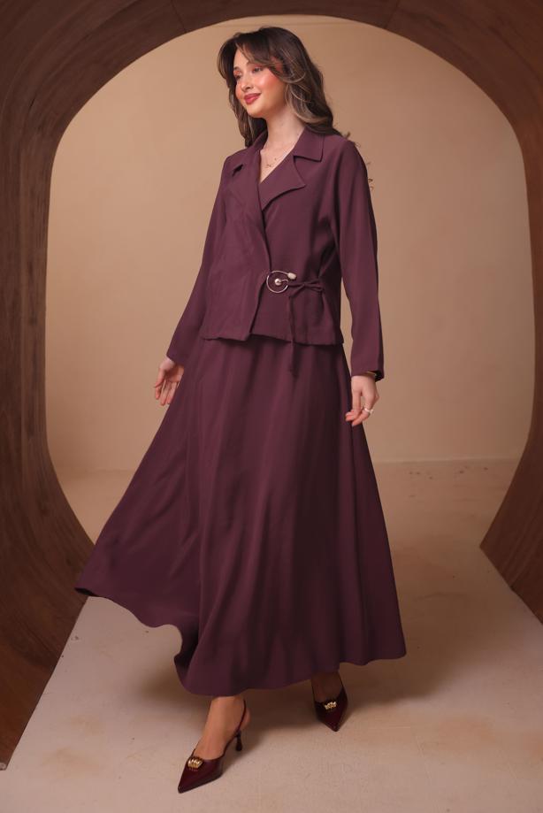 Tesettür giyim BORDO DİYAGONEL KUMAŞ ETEKLİ TAKIM T 1562 - TRENDTESETTÜR