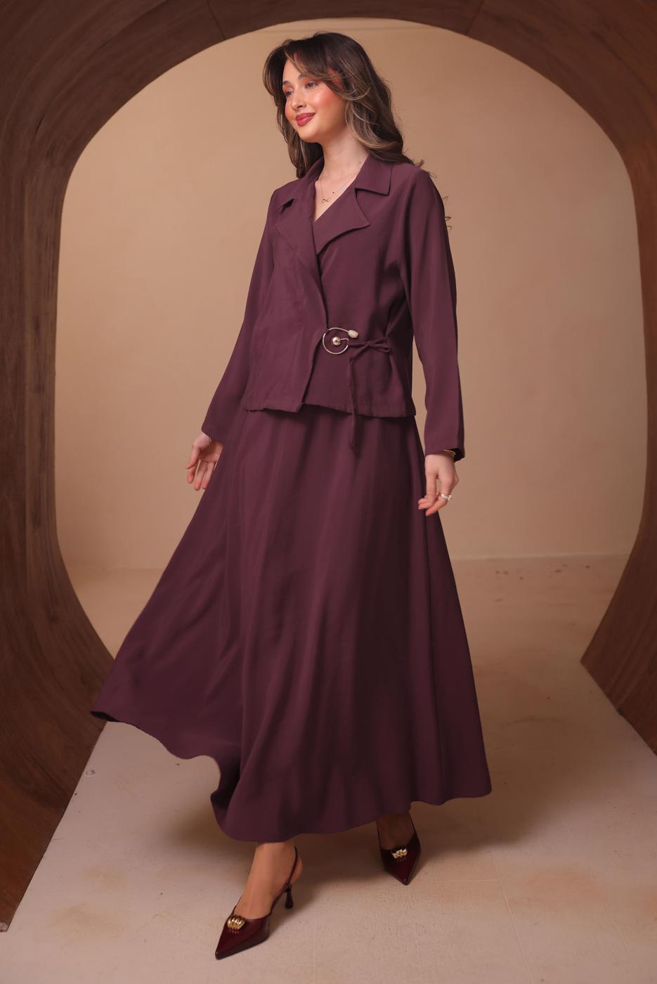 Tesettür giyim BORDO DİYAGONEL KUMAŞ ETEKLİ TAKIM T 1562