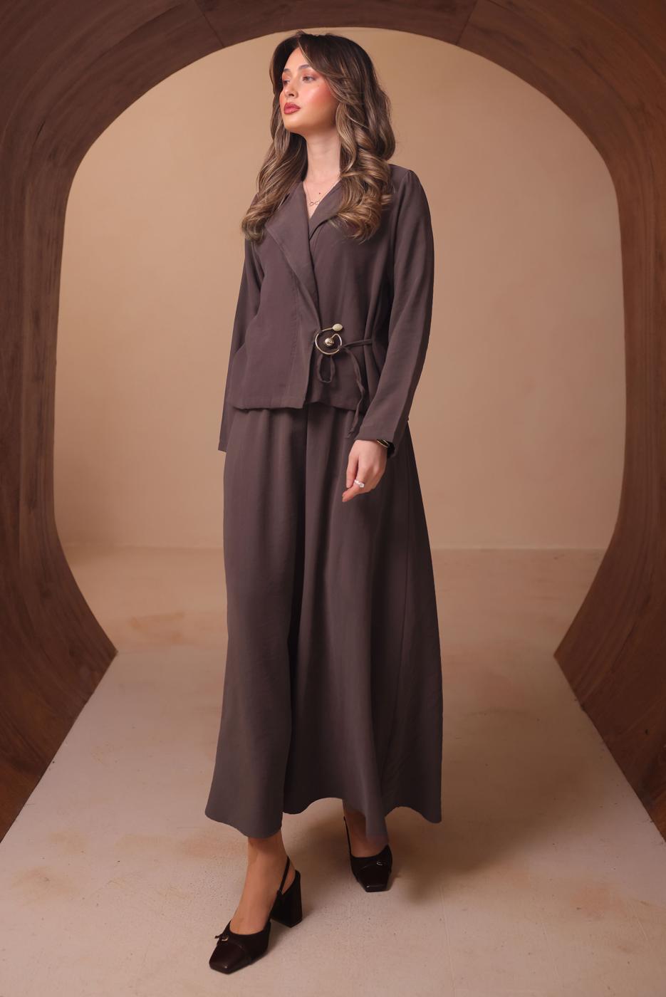 Tesettür giyim KAHVE DİYAGONEL KUMAŞ ETEKLİ TAKIM T 1562