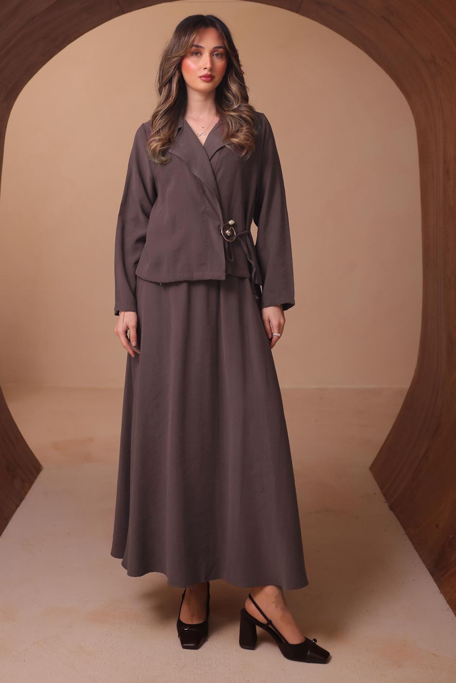 Tesettür giyim KAHVE DİYAGONEL KUMAŞ ETEKLİ TAKIM T 1562