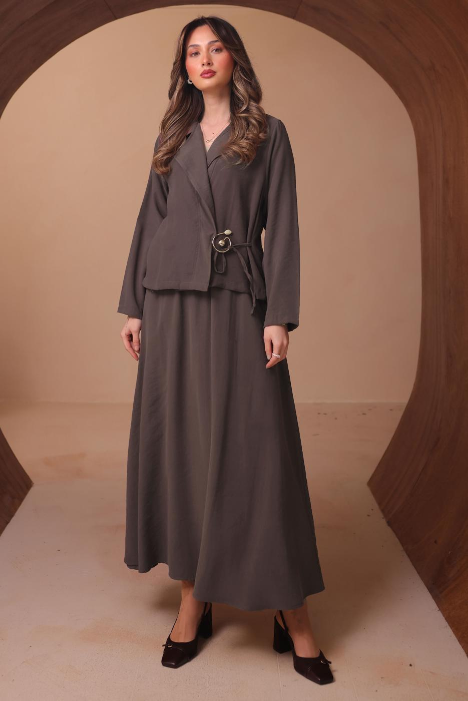 Tesettür giyim KAHVE DİYAGONEL KUMAŞ ETEKLİ TAKIM T 1562