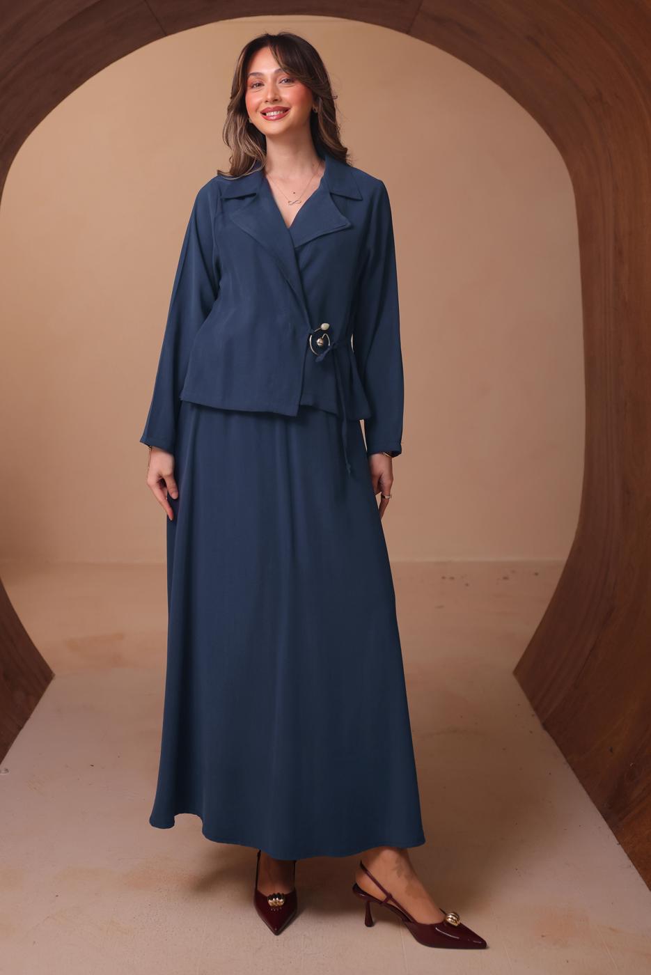 Tesettür giyim LACİVERT DİYAGONEL KUMAŞ ETEKLİ TAKIM T 1562