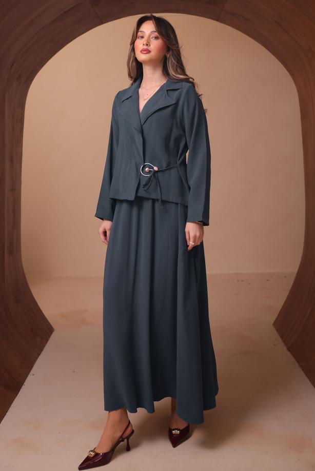 Tesettür giyim GRİ DİYAGONEL KUMAŞ ETEKLİ TAKIM T 1562 - TRENDTESETTÜR