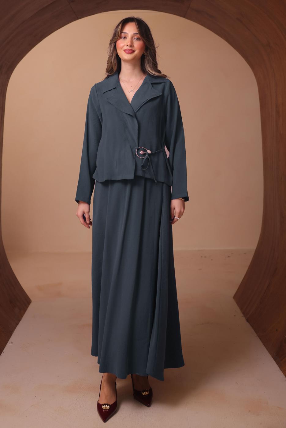 Tesettür giyim GRİ DİYAGONEL KUMAŞ ETEKLİ TAKIM T 1562