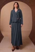 Tesettür giyim GRİ DİYAGONEL KUMAŞ ETEKLİ TAKIM T 1562