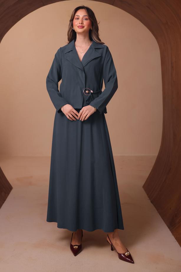 Tesettür giyim GRİ DİYAGONEL KUMAŞ ETEKLİ TAKIM T 1562 - TRENDTESETTÜR