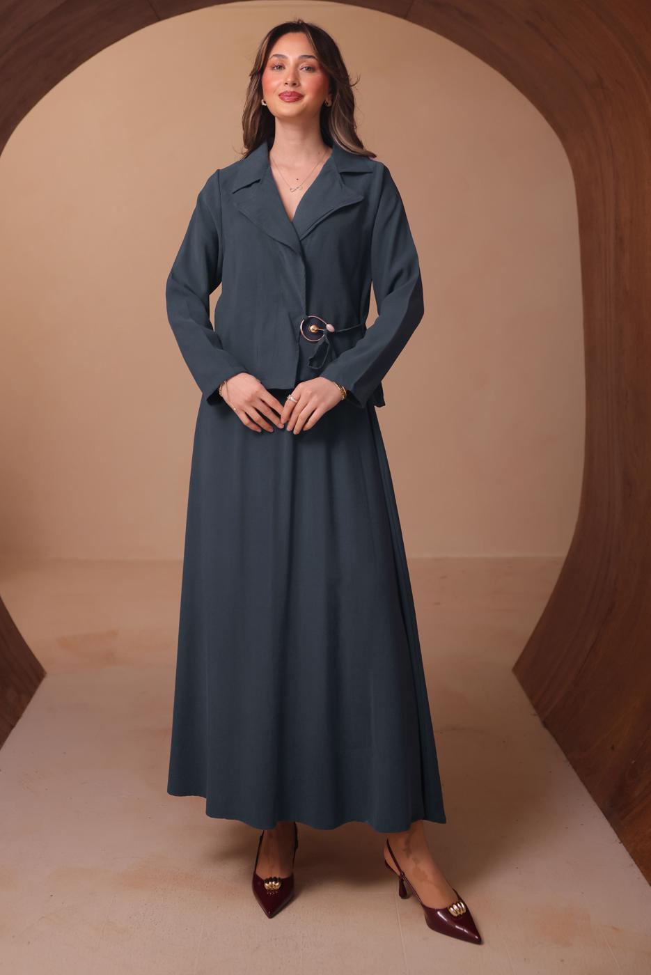 Tesettür giyim GRİ DİYAGONEL KUMAŞ ETEKLİ TAKIM T 1562