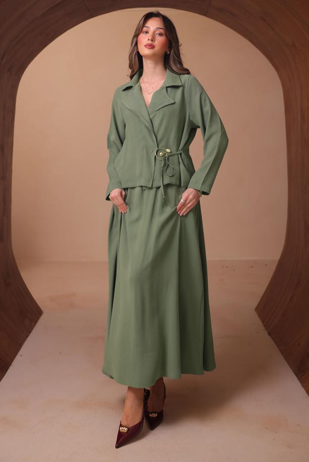 Tesettür giyim YEŞİL DİYAGONEL KUMAŞ ETEKLİ TAKIM T 1562 - TRENDTESETTÜR