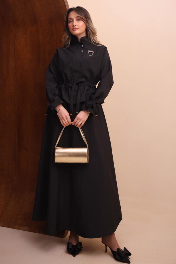 Tesettür giyim SİYAH ETEKLİ BELDEN BÜZGÜLÜ TAKIM T 2272 - TRENDTESETTÜR