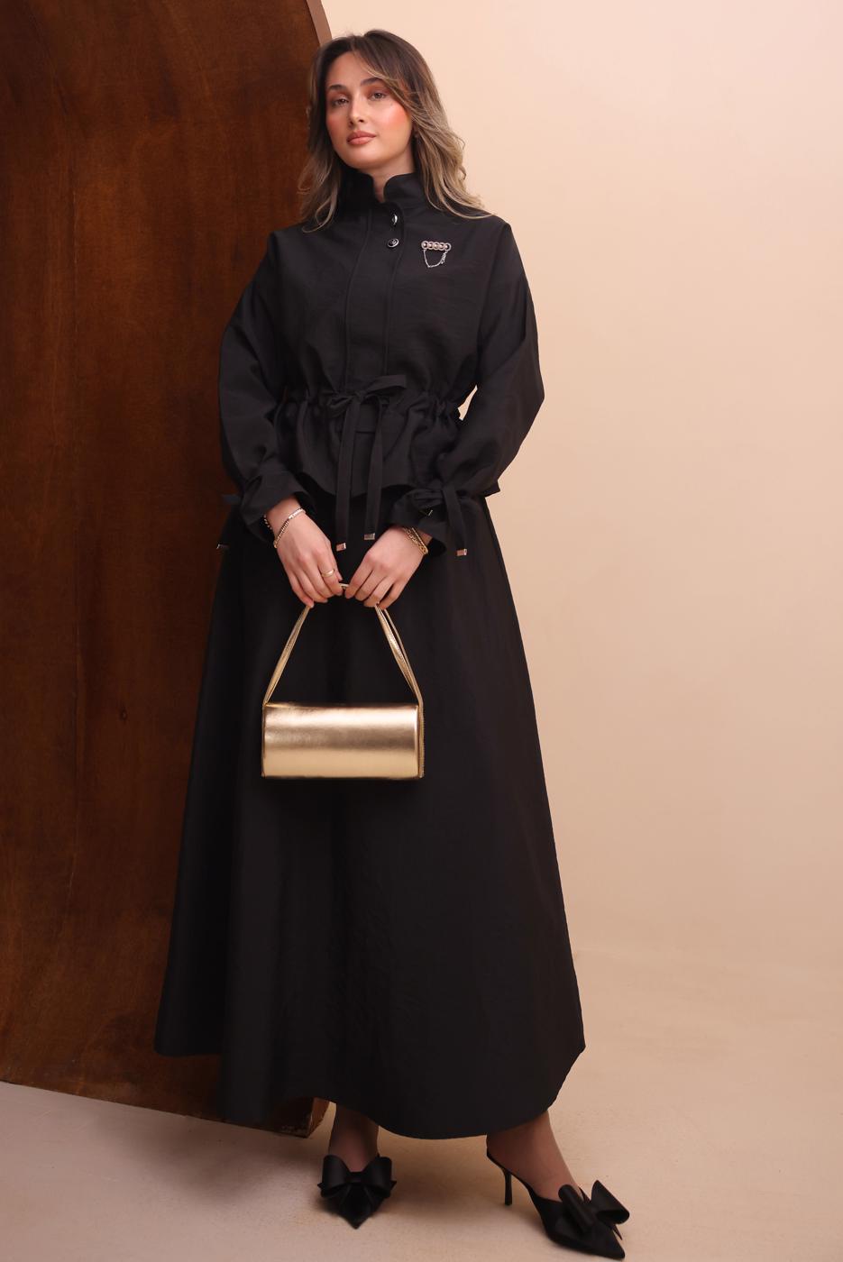 Tesettür giyim SİYAH ETEKLİ BELDEN BÜZGÜLÜ TAKIM T 2272