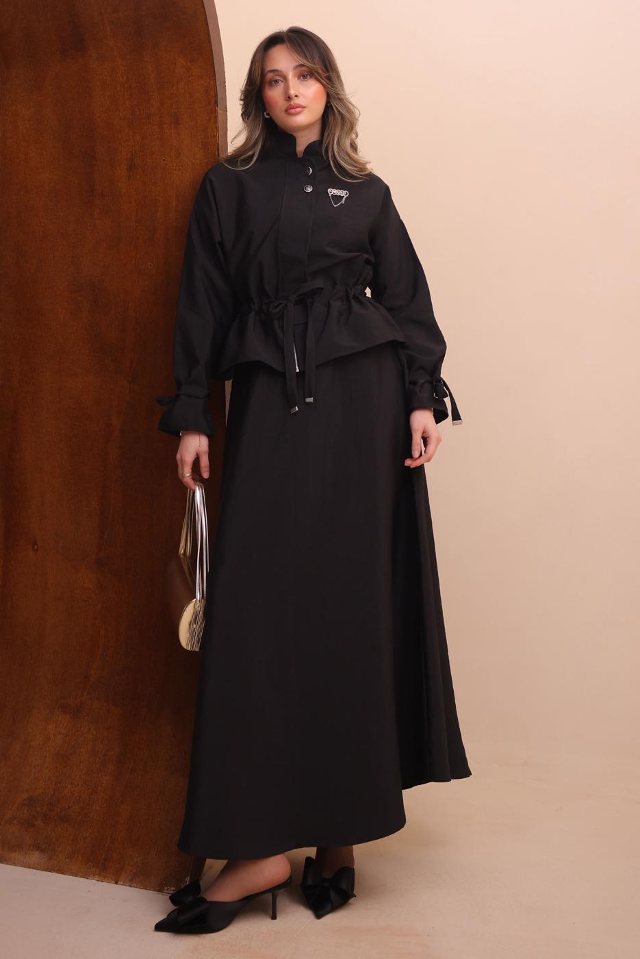 Tesettür giyim SİYAH ETEKLİ BELDEN BÜZGÜLÜ TAKIM T 2272