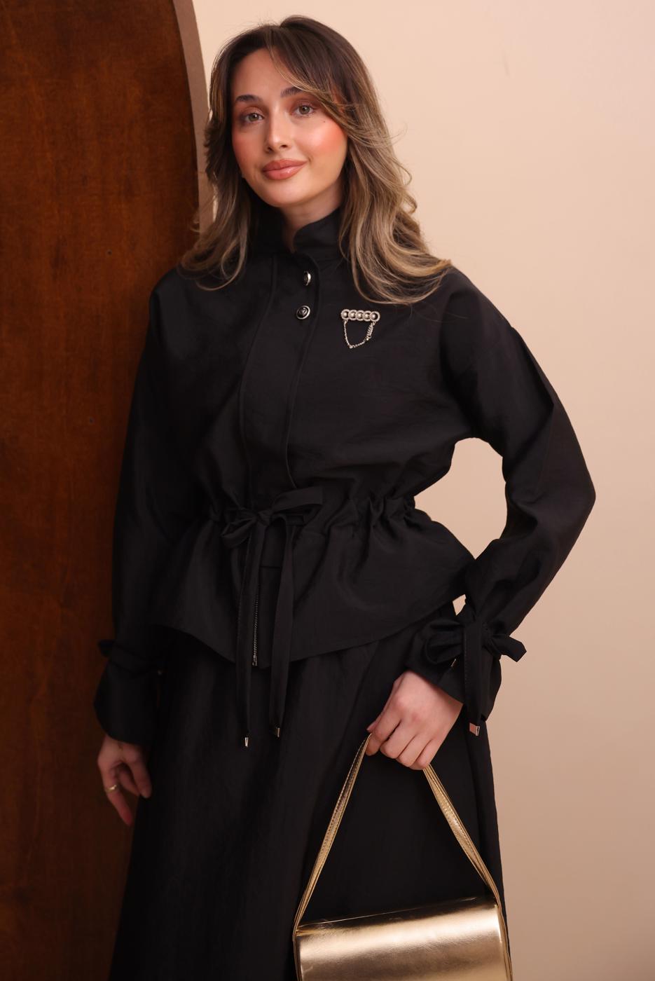 Tesettür giyim SİYAH ETEKLİ BELDEN BÜZGÜLÜ TAKIM T 2272