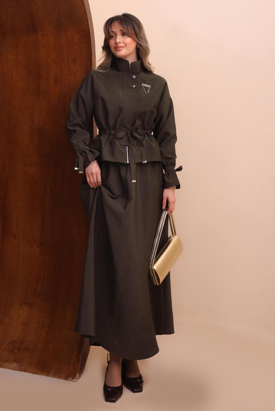 Tesettür giyim KAHVE ETEKLİ BELDEN BÜZGÜLÜ TAKIM T 2272