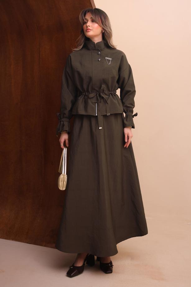 Tesettür giyim KAHVE ETEKLİ BELDEN BÜZGÜLÜ TAKIM T 2272 - TRENDTESETTÜR