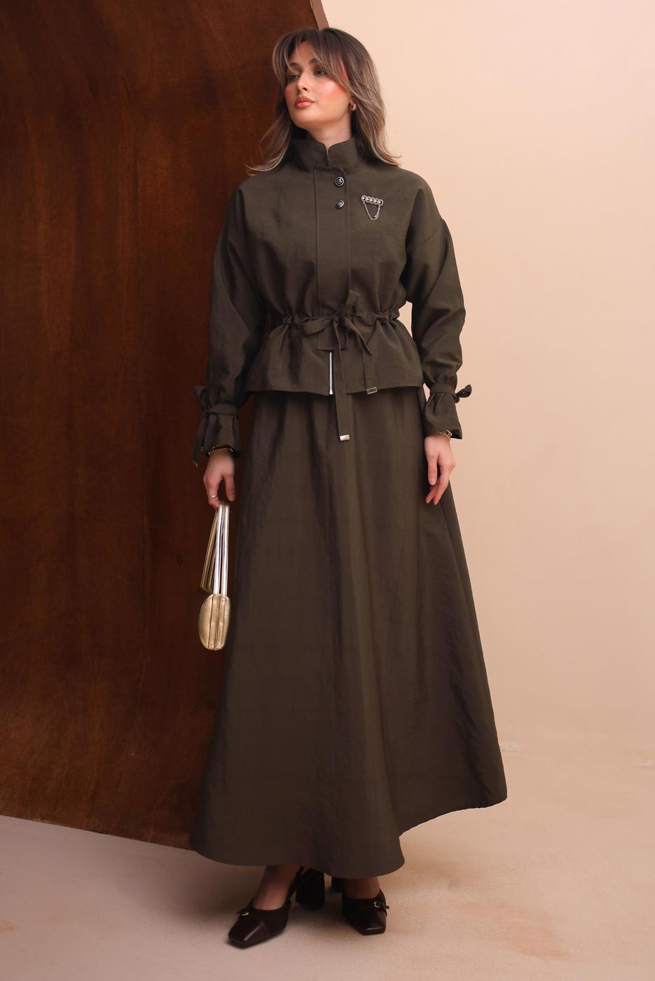 Tesettür giyim KAHVE ETEKLİ BELDEN BÜZGÜLÜ TAKIM T 2272