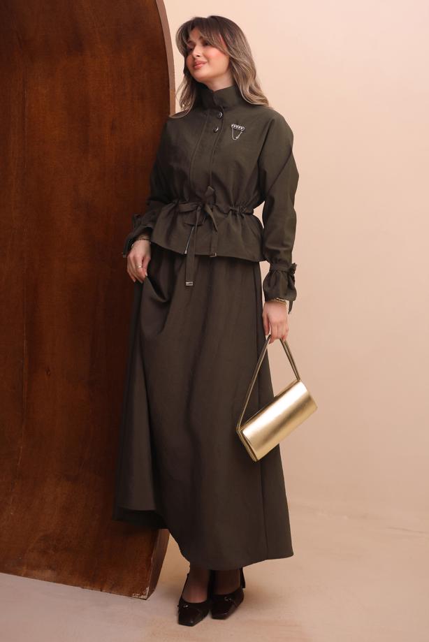 Tesettür giyim KAHVE ETEKLİ BELDEN BÜZGÜLÜ TAKIM T 2272 - TRENDTESETTÜR