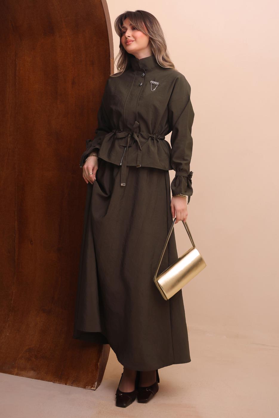 Tesettür giyim KAHVE ETEKLİ BELDEN BÜZGÜLÜ TAKIM T 2272