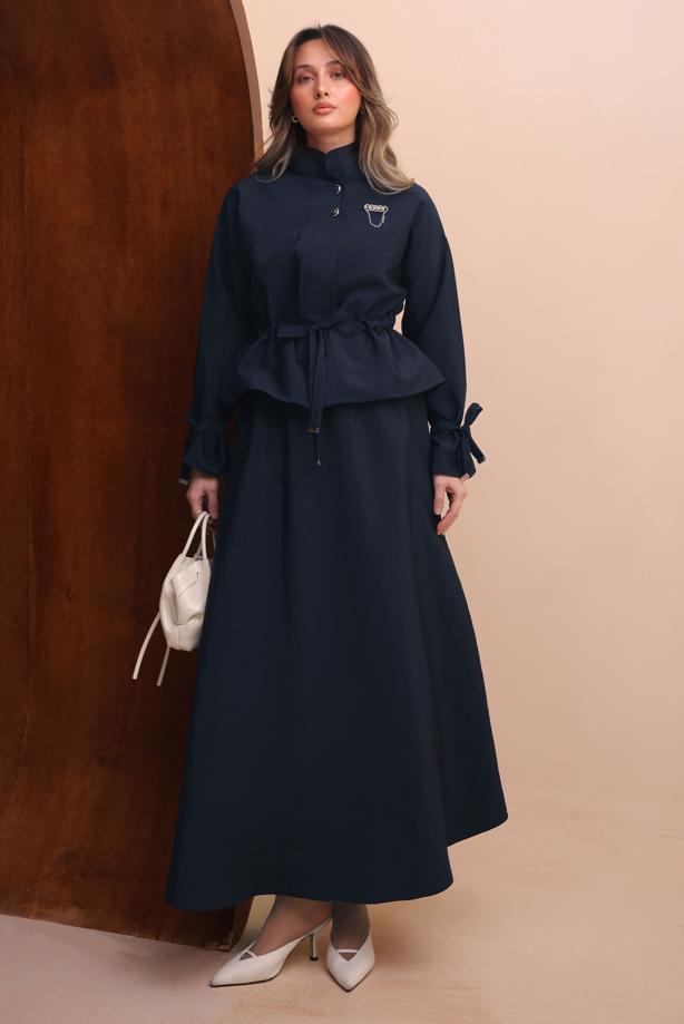 Tesettür giyim LACİVERT ETEKLİ BELDEN BÜZGÜLÜ TAKIM T 2272 - TRENDTESETTÜR