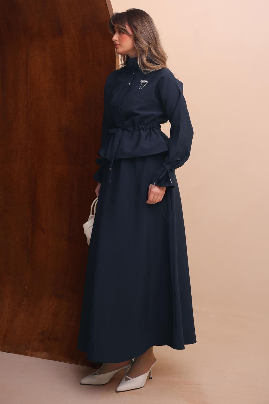 Tesettür giyim LACİVERT ETEKLİ BELDEN BÜZGÜLÜ TAKIM T 2272