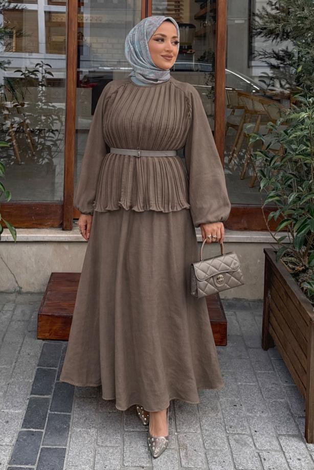 Vêtements hijab BRUN ENSEMBLE JUPE CEINTURÉE T 2922 - TRENDTESETTÜR