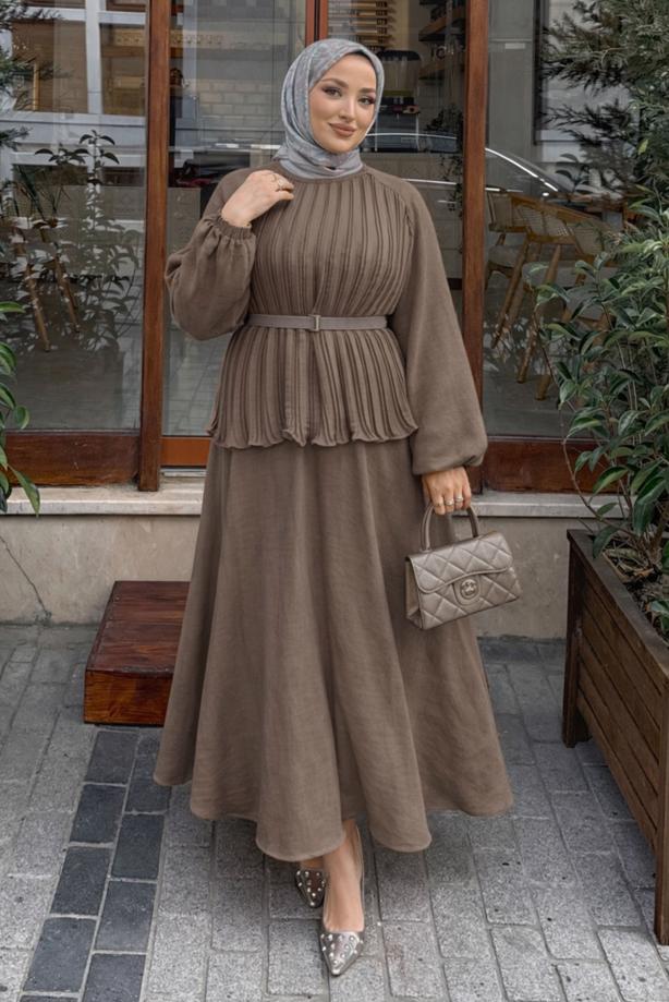 Vêtements hijab BRUN ENSEMBLE JUPE CEINTURÉE T 2922 - TRENDTESETTÜR