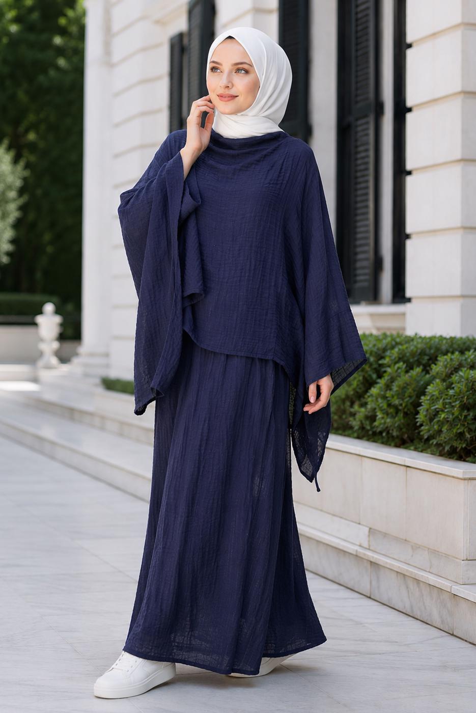 Hijab clothing NAVY BLUE CAPE COLLAR SKIRTED SUIT T 2923
