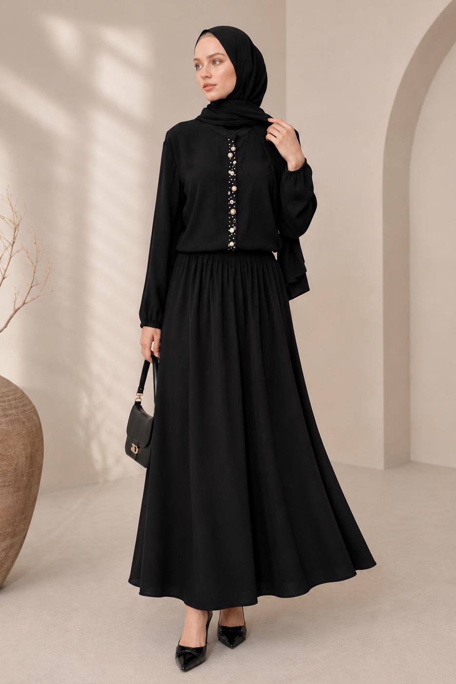 Tesettür giyim SİYAH BONCUK İŞLEMELİ ETEKLİ TAKIM T 43441
