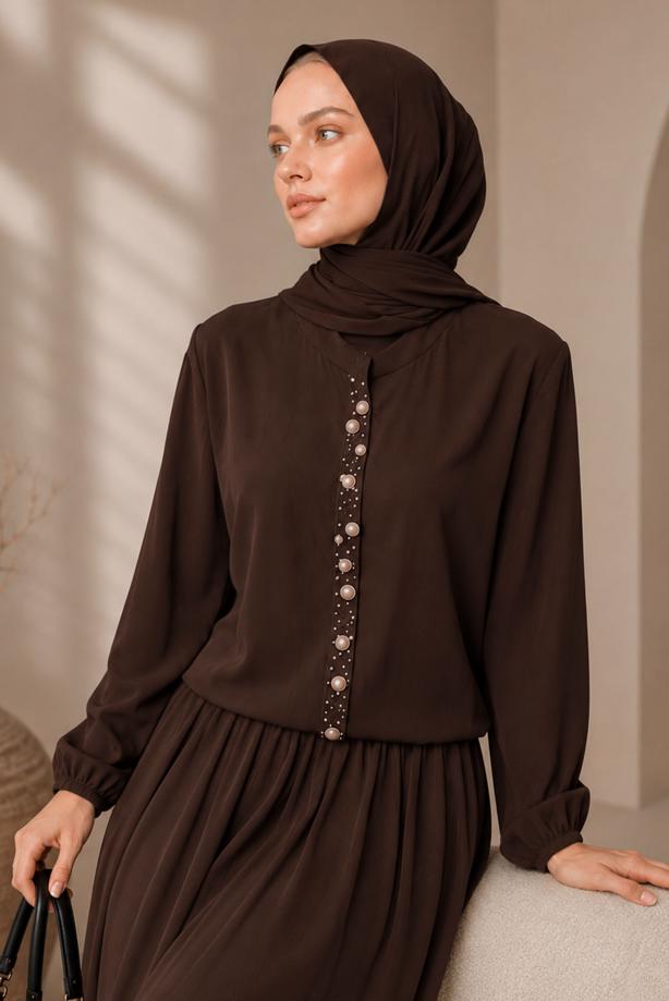 Tesettür giyim KAHVE BONCUK İŞLEMELİ ETEKLİ TAKIM T 43441 - TRENDTESETTÜR