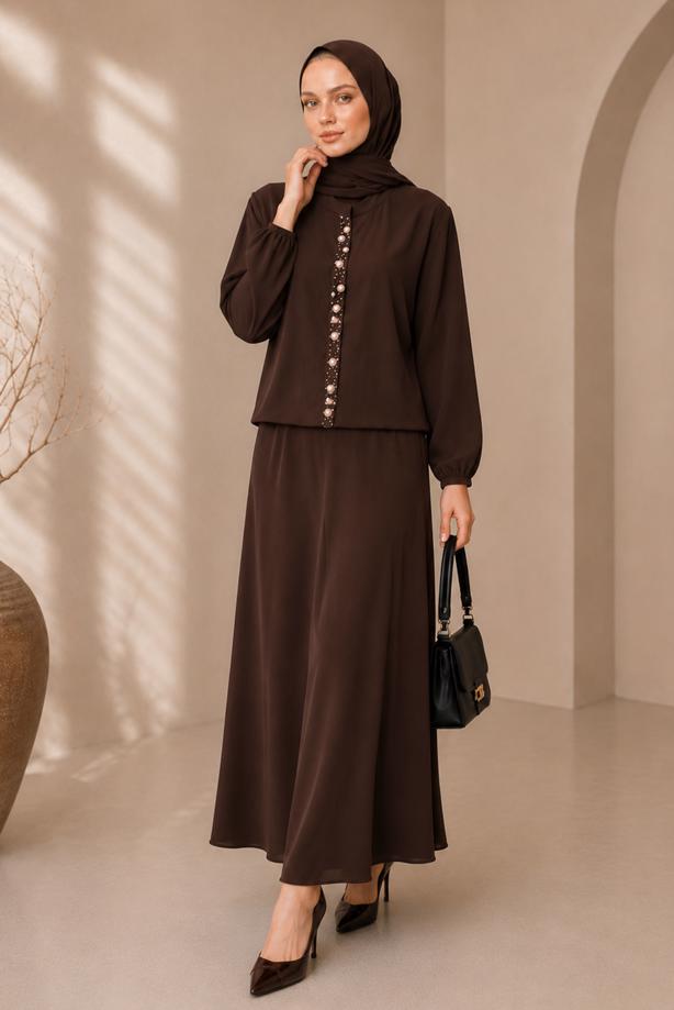 Tesettür giyim KAHVE BONCUK İŞLEMELİ ETEKLİ TAKIM T 43441 - TRENDTESETTÜR