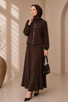 Tesettür giyim KAHVE BONCUK İŞLEMELİ ETEKLİ TAKIM T 43441