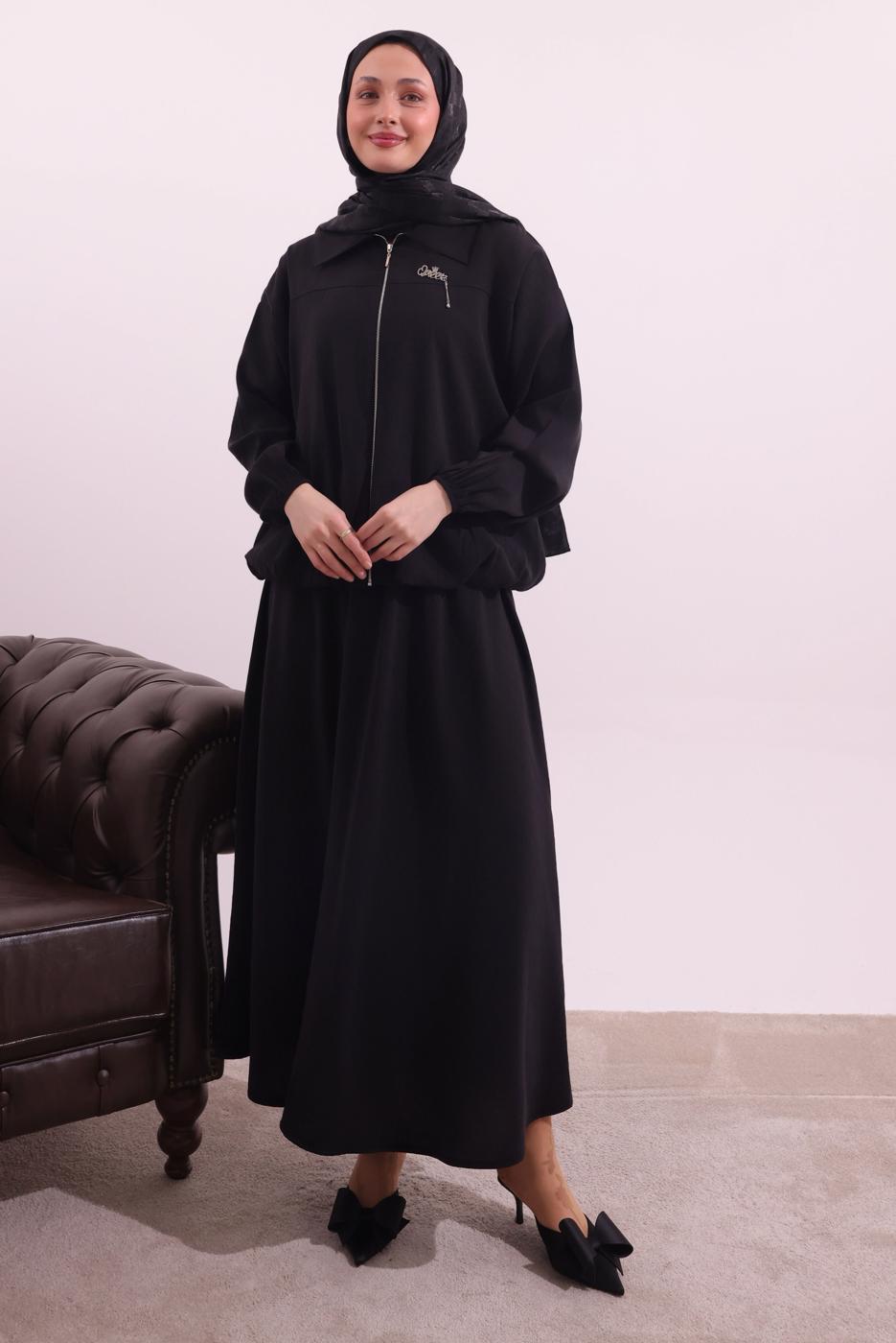 Tesettür giyim SİYAH BOMBER CEKETLİ ETEKLİ TAKIM T 4362