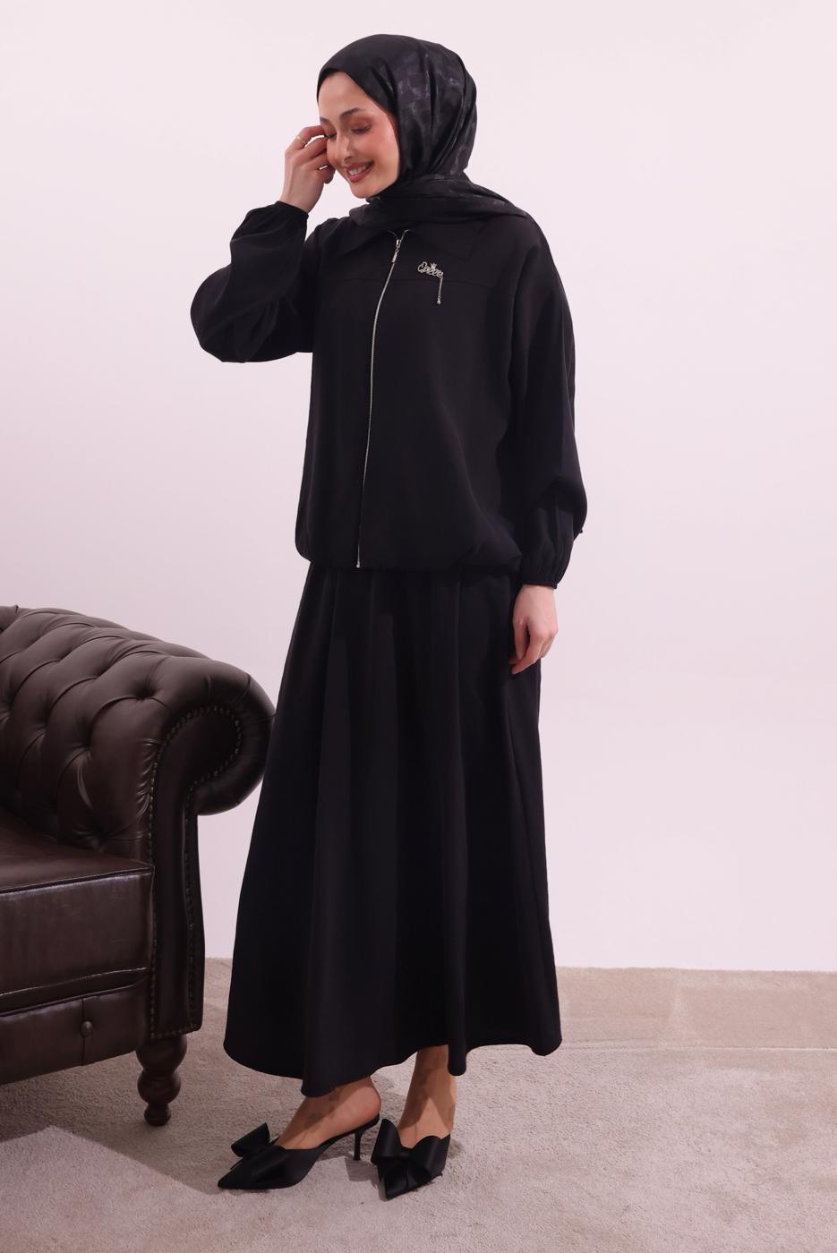 Tesettür giyim SİYAH BOMBER CEKETLİ ETEKLİ TAKIM T 4362
