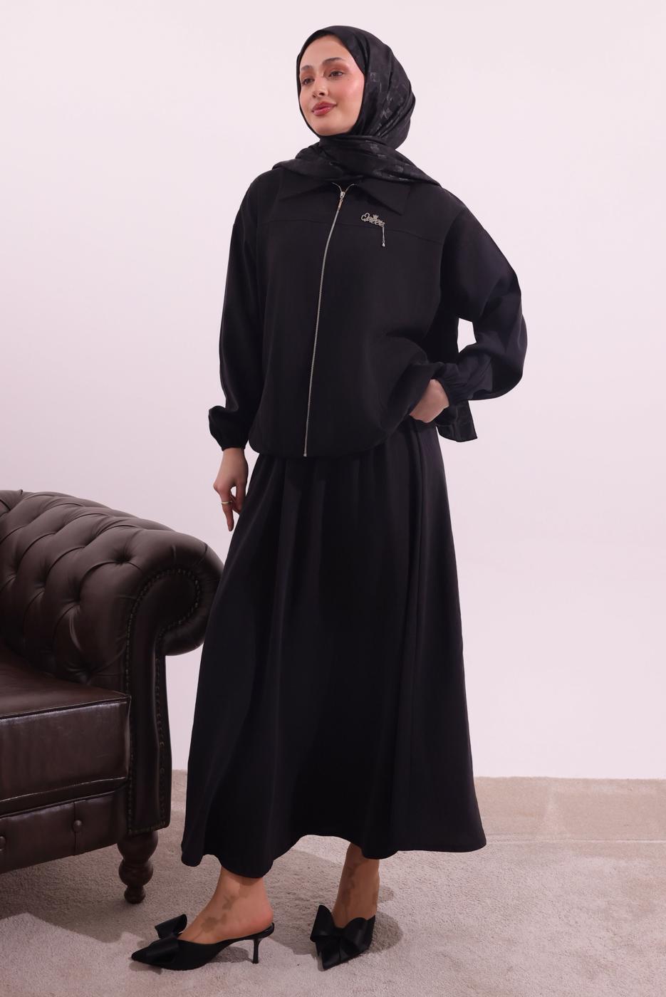 Tesettür giyim SİYAH BOMBER CEKETLİ ETEKLİ TAKIM T 4362