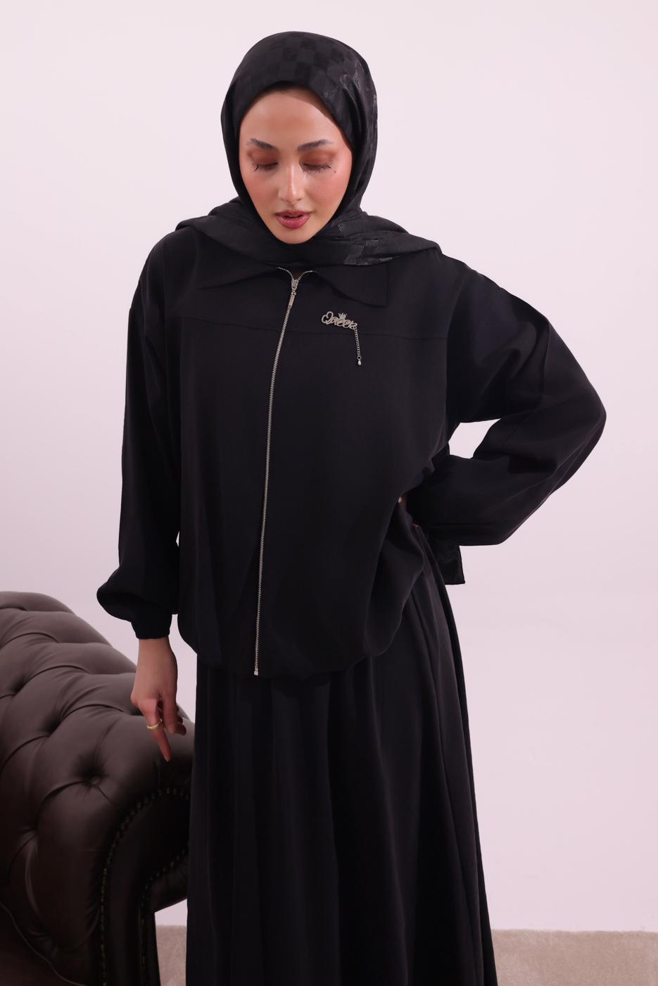 Tesettür giyim SİYAH BOMBER CEKETLİ ETEKLİ TAKIM T 4362
